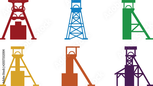 Obraz na plátně Set of colorful mine shaft headframe vector illustrations representing the minin