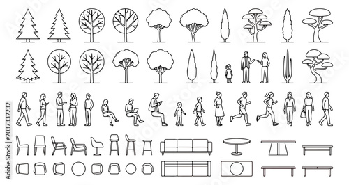 Architectural scale figures and landscape elements vector set, minimalist line art people and trees for floor plans, modern furniture and plant icons