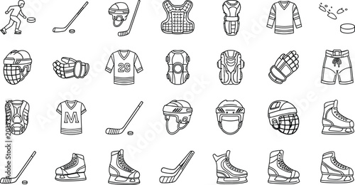 Canvas Print Professional Ice Hockey Equipment Line Icon Set Featuring Protective Gear Helmet