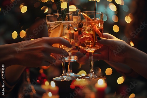 Cheers moment, close-up of friends hands clinking cocktail glasses at party, warm ambient lighting, shallow depth of field, bokeh lights, no faces, focus on hands and drinks, lifestyle celebration