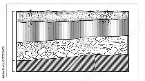 Quadro em tela Geological soil layers cross section vector, earth crust horizons with undergrou