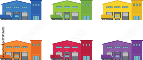Φωτογραφία Set of colorful flat design warehouse buildings each featuring loading docks and