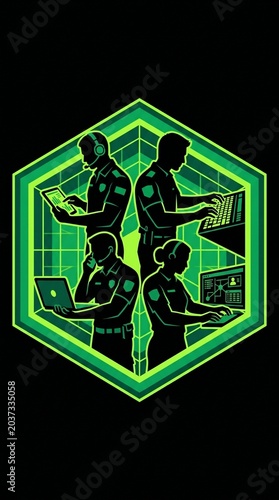 Cybersecurity IT Response Team Vector Logo, Black Silhouettes in Glowing Lime Green Tech Hexagonal Grid Matrix
