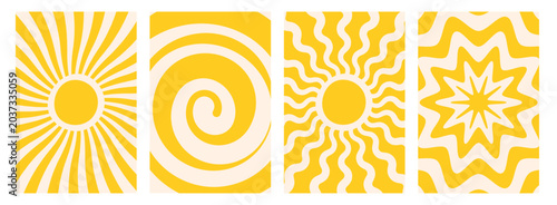 Abstract Comic Style Groovy Sunburst Poster Set. Retro 70s Summer Wavy Sun Rays and Spiral Backgrounds. Pop Art Vector Illustration.