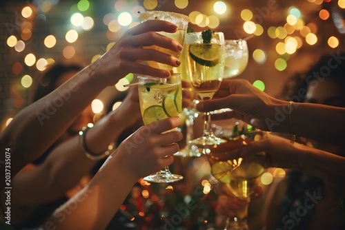Cheers moment, close-up of friends hands clinking cocktail glasses at party, warm ambient lighting, shallow depth of field, bokeh lights, no faces, focus on hands and drinks, lifestyle celebration