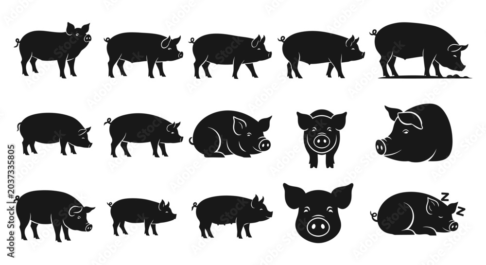Obraz premium Diverse Collection of Pig Silhouettes Depicting Various Poses, From Standing and Walking to Feeding and Sleeping, Ideal for Farm Animal Vector Graphics and Agricultural Designs