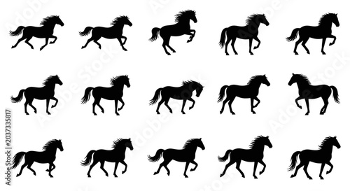 Silhouette of horses galloping in motion, illustrating the beauty and power of these magnificent animals in a dynamic sequence