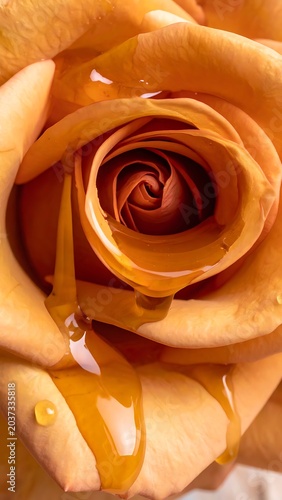 A close-up of a wet, yellow rose with honey dripping