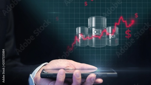 Schilderij op canvas 3D oil barrel hologram and rising red price chart with dollar signs, representin
