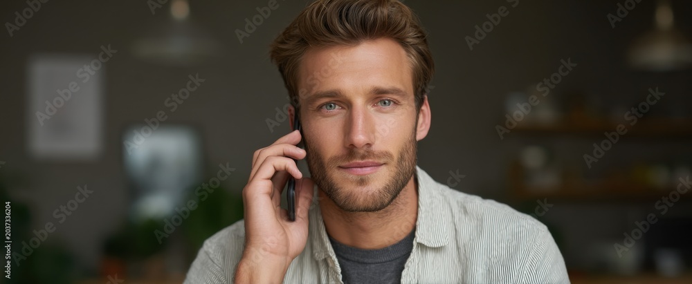 Obraz premium Guy chats on smartphone in contemporary home office setup
