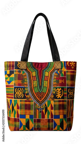 African print tote bag with dashiki pattern isolated on transparent background