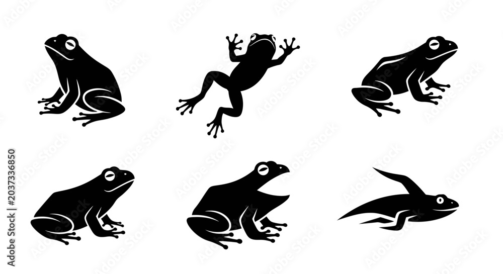Fototapeta premium Six Distinct Silhouettes of Frogs in Various Dynamic Poses, Showcasing Unique Forms and Movements