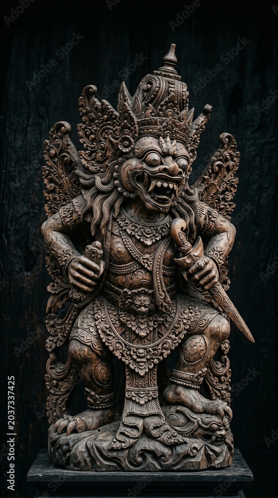 Fototapeta premium Balinese Statue of Guardian Spirit with Dagger in Dark Setting