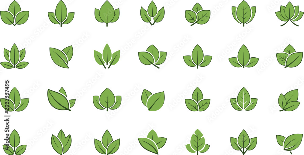 Fototapeta premium Green Leaf Vector Icon Set with Diverse Botanical Shapes for Eco Friendly Branding and Sustainable Lifestyle Concepts