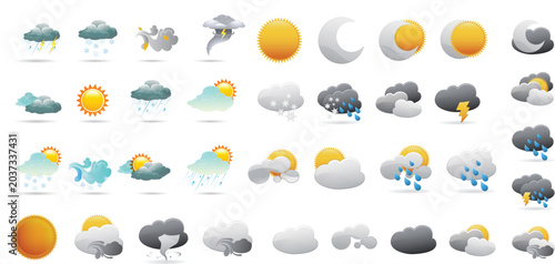Obraz na płótnie A comprehensive collection of diverse weather condition icons and symbols for forecasts and daily use, depicting sun, moon, clouds, rain, snow, and storms