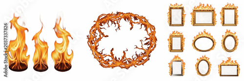 Obraz na płótnie Collection of burning fire flames and blazing frames isolated on white backgroun