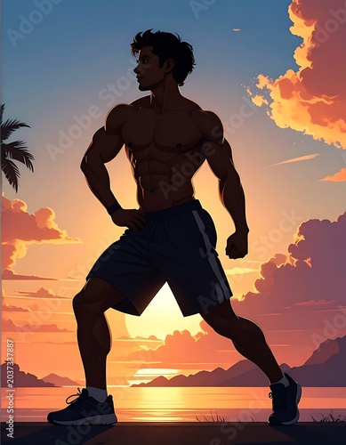 A muscular man poses at sunset
