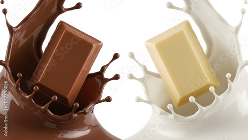 Milk and dark chocolate bars splashing in liquid isolated on black