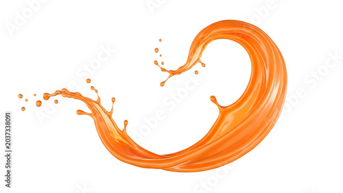 Orange liquid swirl splashing in a circle isolated on black background