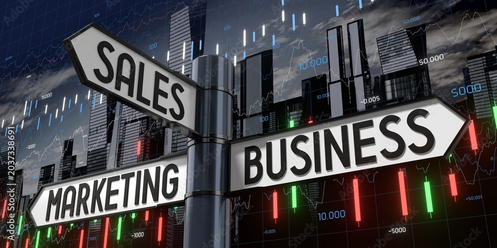 Fototapeta premium Sales, Marketing, Business - Signpost with Three Arrows - 3D illustration