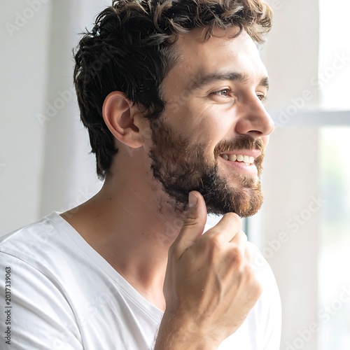 A man with dark hair and a beard smiling