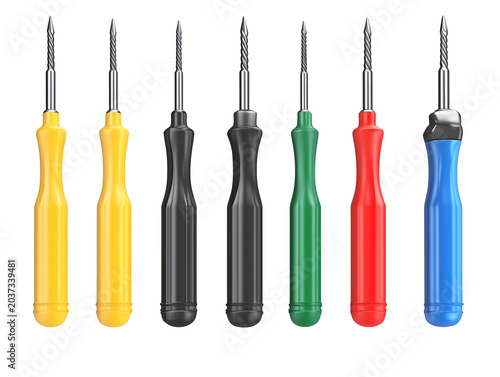 colorful screwdrivers lined up, each with a unique handle, showcasing a variety of tools for manual work and repairs in a studio setting
