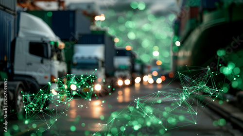 Sustainable green logistics concept showing container trucks at a port alongside a cargo vessel, digital network management overlays suggesting eco-friendly supply chain optimization and