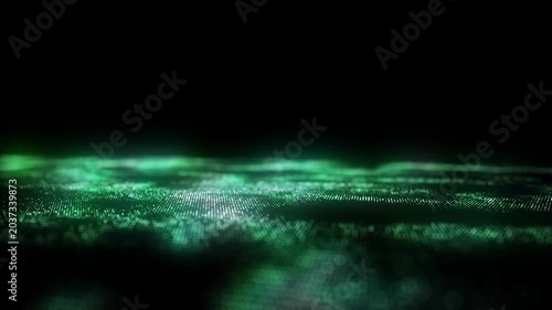 Green wave of particles and lines. Big data visualization. Abstract background with a dynamic wave. 3d rendering.