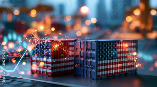 Two large shipping containers displayed with national flag graphic overlays at a busy port with dynamic trade and economic growth indicators visible, symbolizing bilateral trade relations,
