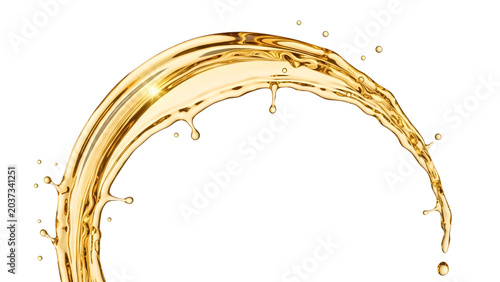 Golden oil or liquid splash arc isolated on black background for design