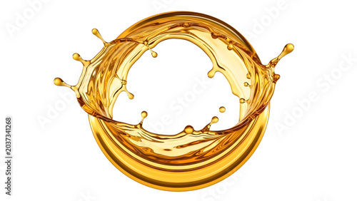 Golden oil splash ring isolated on black background for liquid design
