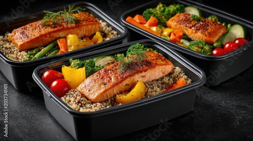 Fresh Salmon Fillet Three meal prep containers with grilled salmon, quinoa, and assorted vegetables in a healthy, ready-to-eat presentation.