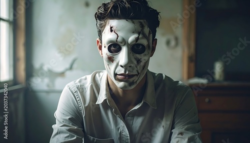 A man with white face paint and dark eye makeup sits in a dimly lit room