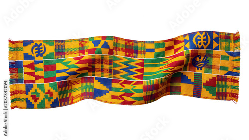 Kente cloth fabric with traditional patterns and symbols isolated on transparent background
