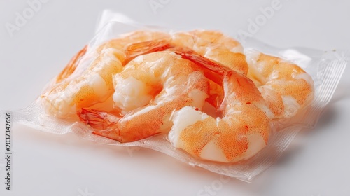 Fresh Shrimp Pack Raw shrimp sealed in vacuum packaging on a white surface, preserving freshness and quality.