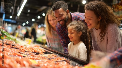 Fresh Shrimp Pack A happy family of four shopping and choosing fresh seafood in a well-lit supermarket display.