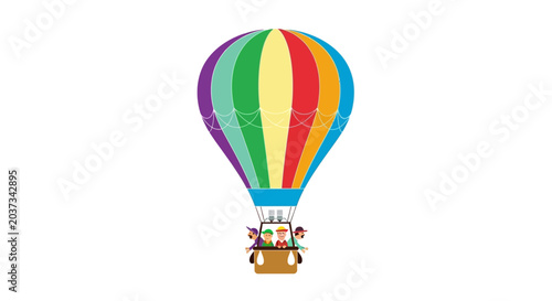 Schilderij op canvas Colorful hot air balloon with people flying in basket, white background