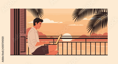 Man working on laptop at beach balcony during sunset