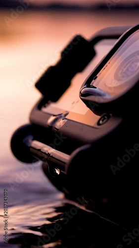 Action camera mounted on gimbal for water sports filming.