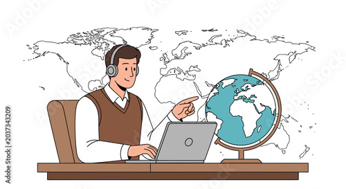 Man with headphones works on laptop, globe, and world map connection concept