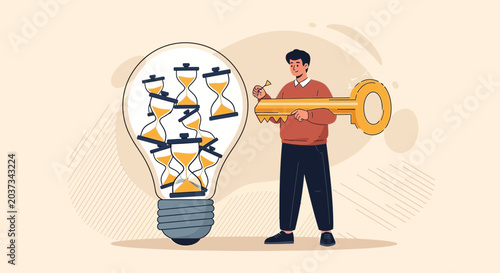Man with Giant Key Unlocks Idea Bulb Filled with Hourglasses