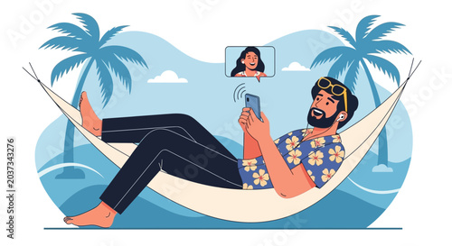 Man video call in hammock on beach vacation with palm trees