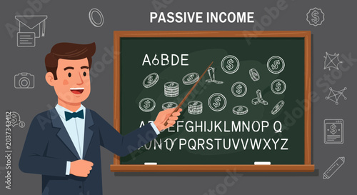 Man teaching passive income with coins and alphabet on blackboard