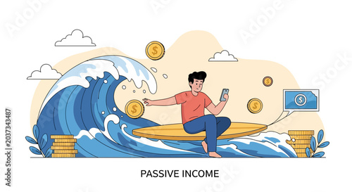Man Surfing Wave of Passive Income and Coins Concept Illustration