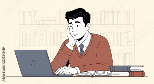 Man Studying with Laptop and Books in Library, Boredom