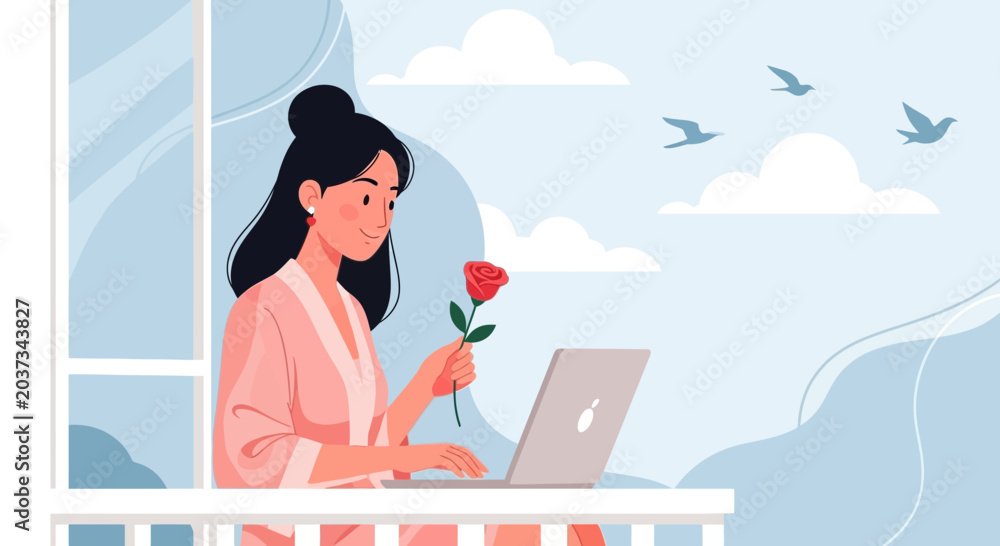 Obraz premium Woman on balcony with rose and laptop, enjoying serene morning light, birds flying