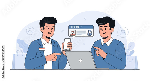 Two men, customer service, and e-commerce checkout process