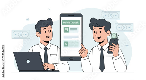 Two men doing mobile deposit, one with laptop and other with phone