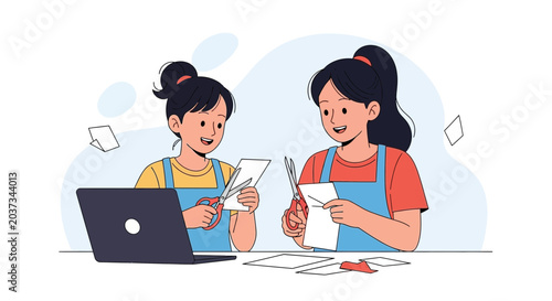Two girls crafting with scissors and paper, learning and creativity
