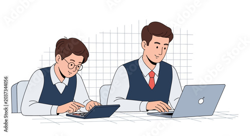 Two businessmen calculating and working on laptops in an office setting.